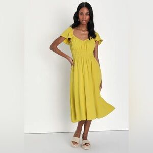 Lulu's Madrid Linen Chartreuse Midi Dress
